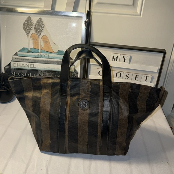 Fendi, Pequin Stripes PVC Handbag Tote 10in x 9in x 7.5in GUC - Picture 3 of 12